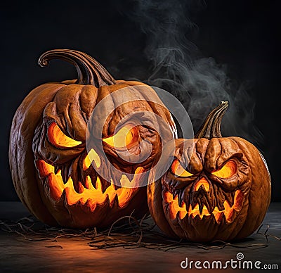 two carved pumpkins with evil eyes are on a dark surface Cartoon Illustration