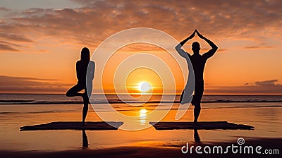 AI generated illustration of two people enjoying a peaceful evening yoga session on the beach Cartoon Illustration