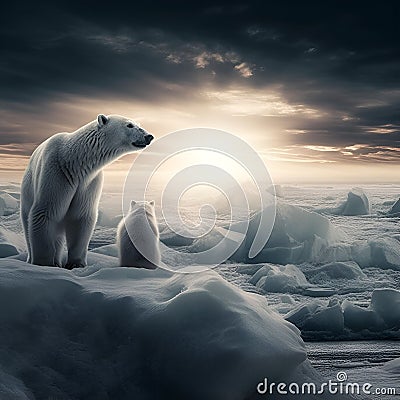 AI generated illustration of two polar bears on a snow-covered landscape near a small iceberg Cartoon Illustration