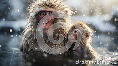 AI generated illustration of two primates sitting in the water while it's snowing Cartoon Illustration