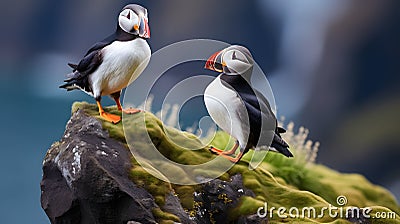 AI generated illustration of two puffins standing in close proximity on top of a rocky cliff Cartoon Illustration