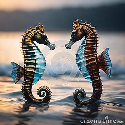 two seahorses are on the beach at sunset, facing each other Cartoon Illustration