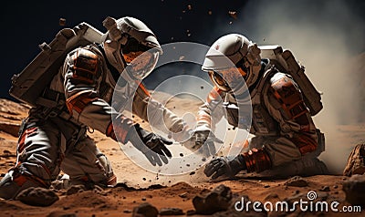 AI generated illustration of two space explorers in a barren space environment Cartoon Illustration