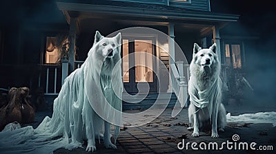 AI generated illustration of two white ghostly-like dogs in front of a traditional home on Halloween Cartoon Illustration