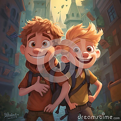 AI generated illustration of two young cartoon brothers going on an adventure together Cartoon Illustration