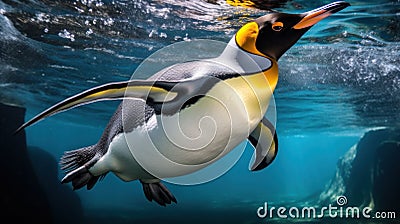 AI-generated illustration of An underwater shot of a single penguin swimming gracefully Cartoon Illustration