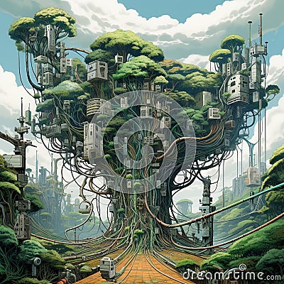 AI generated illustration of a unique tree house, connected by wires Cartoon Illustration