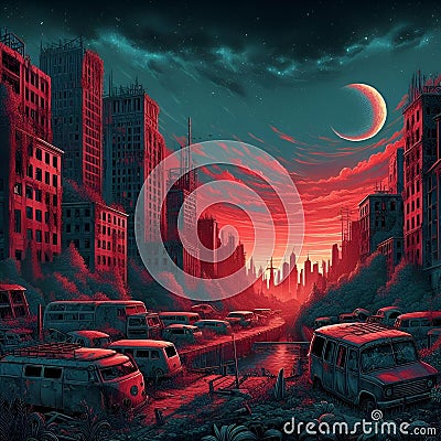 AI generated illustration of urban cityscape during daytime with vibrant red lights Cartoon Illustration