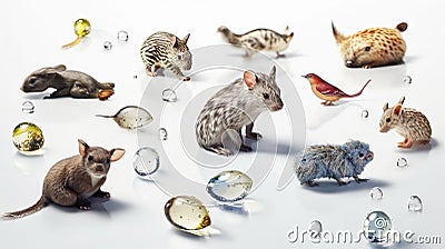 AI generated illustration of a variety of animal figurines and glass objects on a white background Cartoon Illustration