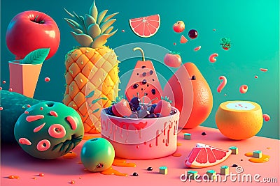 AI-generated illustration of a variety of colorful fruits. Cartoon Illustration