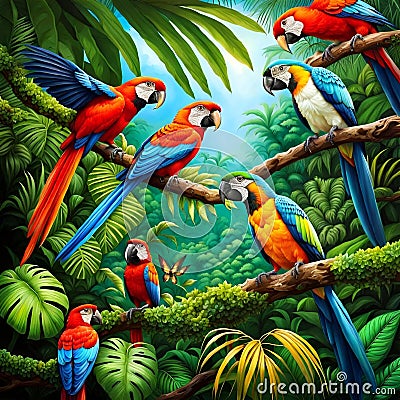 AI generated illustration of a vibrant array of birds perched atop a sturdy tree branch Cartoon Illustration