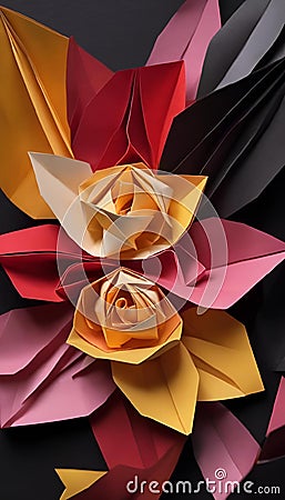 AI generated illustration of A vibrant array of paper flowers and leaves arranged neatly on a table Cartoon Illustration
