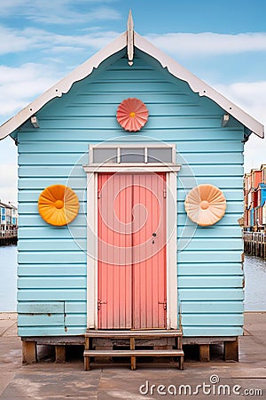 AI generated illustration of a vibrant beach shack in shades of blue and pink Cartoon Illustration