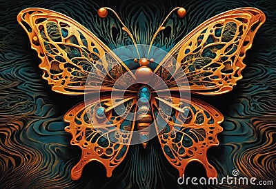 AI generated illustration of a vibrant butterfly with blue and orange metallic wings Cartoon Illustration