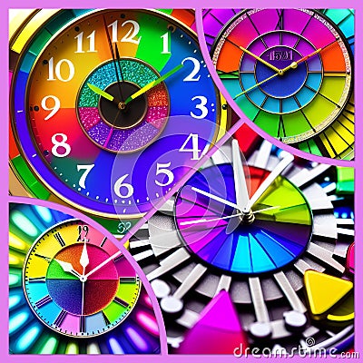 AI generated illustration of a vibrant display of analog clocks with colored numbers Cartoon Illustration