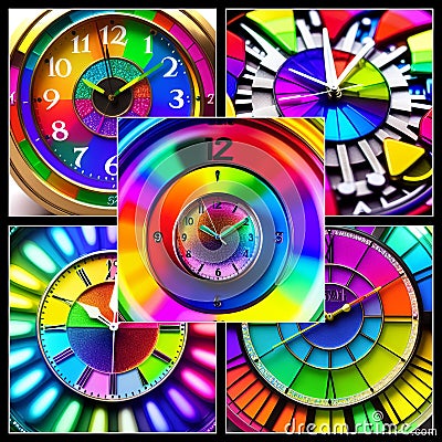 AI generated illustration of a vibrant display of analog clocks with colored numbers Cartoon Illustration