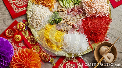 chinese new year dishes on display in red and gold paper Cartoon Illustration