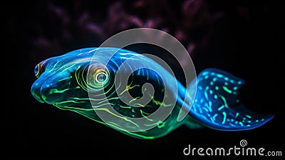 AI generated illustration of a vibrant fictional fish with luminous colors floating in the water Cartoon Illustration