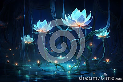 AI generated illustration of vibrant flowers illuminated by the soft glow of fireflies Cartoon Illustration