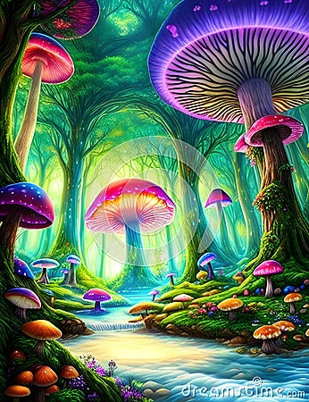 AI generated illustration of a vibrant forest scene featuring a lush abundance of mushrooms Cartoon Illustration