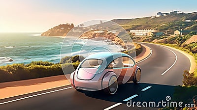 AI generated illustration of vibrant futuristic car driving alongside a scenic coastal road Cartoon Illustration