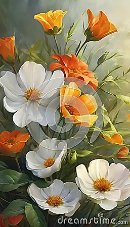 AI generated illustration of a vibrant oil painting of flowers on a grassy green background Cartoon Illustration