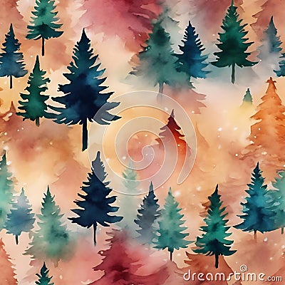 Ai generated illustration of A vibrant orange background featuring a pattern of watercolor trees Cartoon Illustration