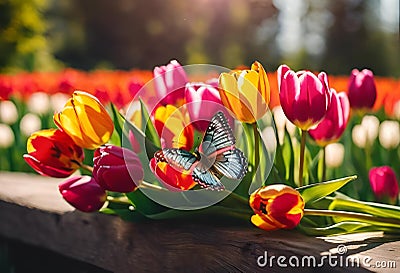 A vibrant orange butterfly rests atop a vibrant cluster of flowers, its wings spread wide Cartoon Illustration