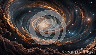 a spiral in space with an orange light streaming out the center Cartoon Illustration