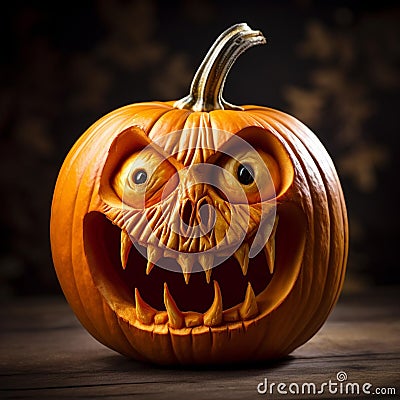AI generated illustration of a vibrant orange pumpkin with intricate carving of teeth and fangs Cartoon Illustration