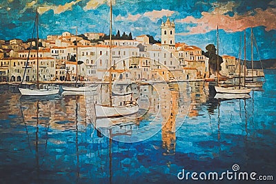 AI generated illustration of a vibrant painting depicting a Mediterranean coast at sunset Cartoon Illustration