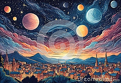 AI generated illustration of a vibrant painting of planets and a starry night sky above a town Cartoon Illustration