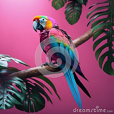 AI generated illustration of a vibrant parrot creature perched gracefully on a lush tree branch Cartoon Illustration