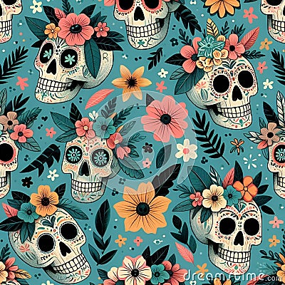 AI generated illustration of a vibrant pattern of decorated sugar skulls with colorful flowers Cartoon Illustration