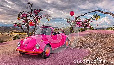 AI generated illustration of a vibrant pink car parked in a scenic outdoor location Cartoon Illustration
