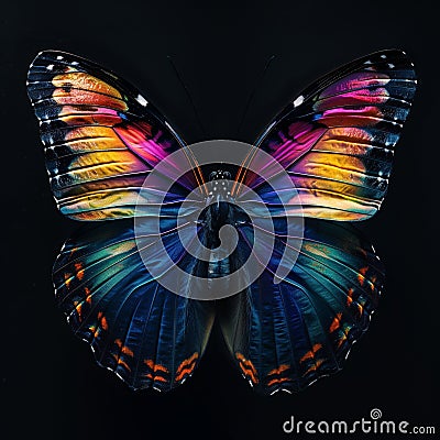 AI generated illustration of a vibrant rainbow butterfly with colorful markings on black background Cartoon Illustration