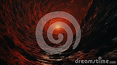 AI generated illustration of a vibrant red tunnel spiraling into the darkness Cartoon Illustration