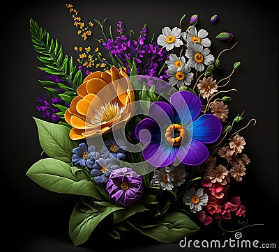 AI generated illustration of A vibrant selection of assorted flowers arranged in a beautiful bouquet Cartoon Illustration