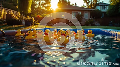 AI generated illustration of a vibrant swimming pool cheerful yellow rubber duckies Cartoon Illustration