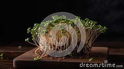 AI generated illustration of a vibrant and thriving pile of garden cress on a wooden cutting board Cartoon Illustration