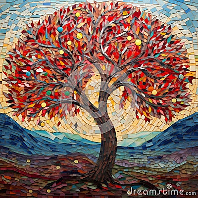 AI generated illustration of a vibrant tree mosaic design background Cartoon Illustration