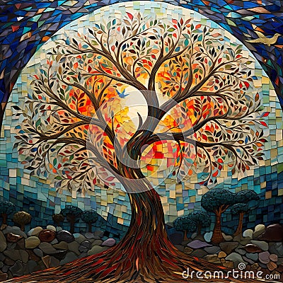 AI generated illustration of a vibrant tree mosaic design background Cartoon Illustration