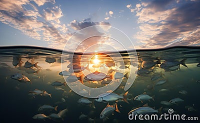 AI generated illustration of a vibrant underwater scene of a school of fish swimming in the sea Cartoon Illustration