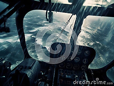 AI generated illustration of view from the cockpit of a helicopter in flight over the ocean Cartoon Illustration
