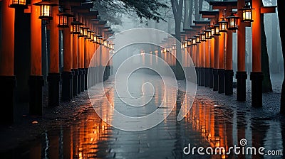 AI generated illustration of a view of a street in the evening rain illuminated by multiple lanterns Cartoon Illustration