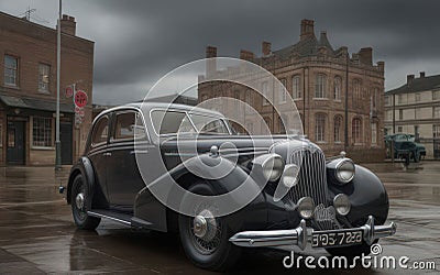 AI generated illustration of a vintage automobile in a gloomy city Cartoon Illustration