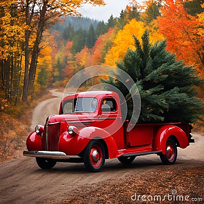 AI generated illustration of a vintage car towing a large tree in the back Cartoon Illustration