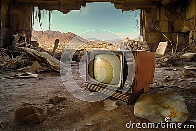 AI generated illustration of a vintage television set in the ruins of an abandoned house Cartoon Illustration
