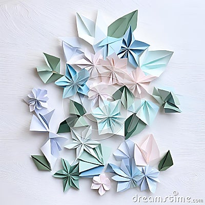 AI generated illustration of an array of paper origami flowers on a wooden table Cartoon Illustration