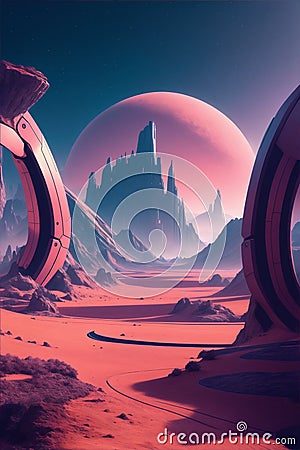 AI generated illustration of a vivid orange planet illuminated by the sun against a dramatic desert Cartoon Illustration
